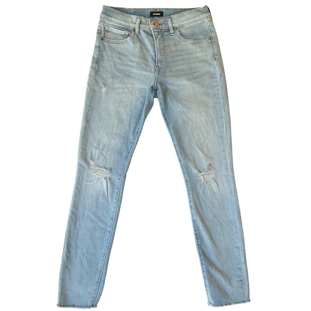 Express Women Skinny Jeans size 8 Regular Light Blue Mid Rise Stretch Frayed